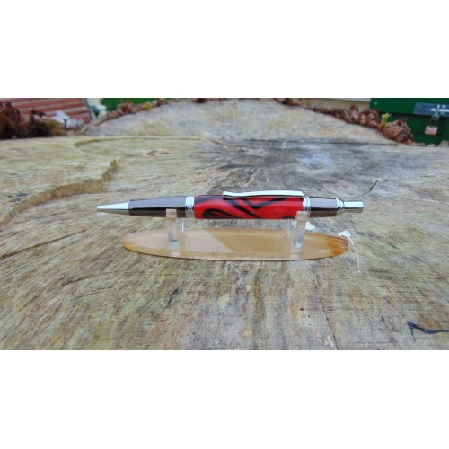 Handmade Click Action pen made from a Red and black swirl acrylic